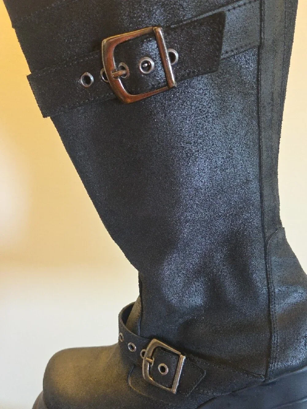 Women’s Roughout Leather Black Wedge Platform Boots with Buckle Detail